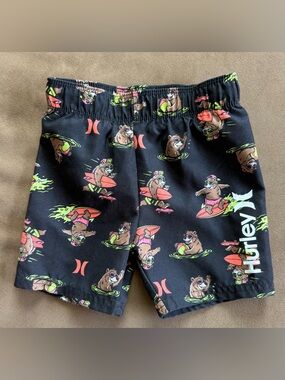 Hurley Black Kids Swim Shorts with Surfing Bear Print